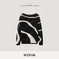 W.Diva【黑白交响曲】宽松撞色斑马纹大圆领套头羊毛衫女53Z143109