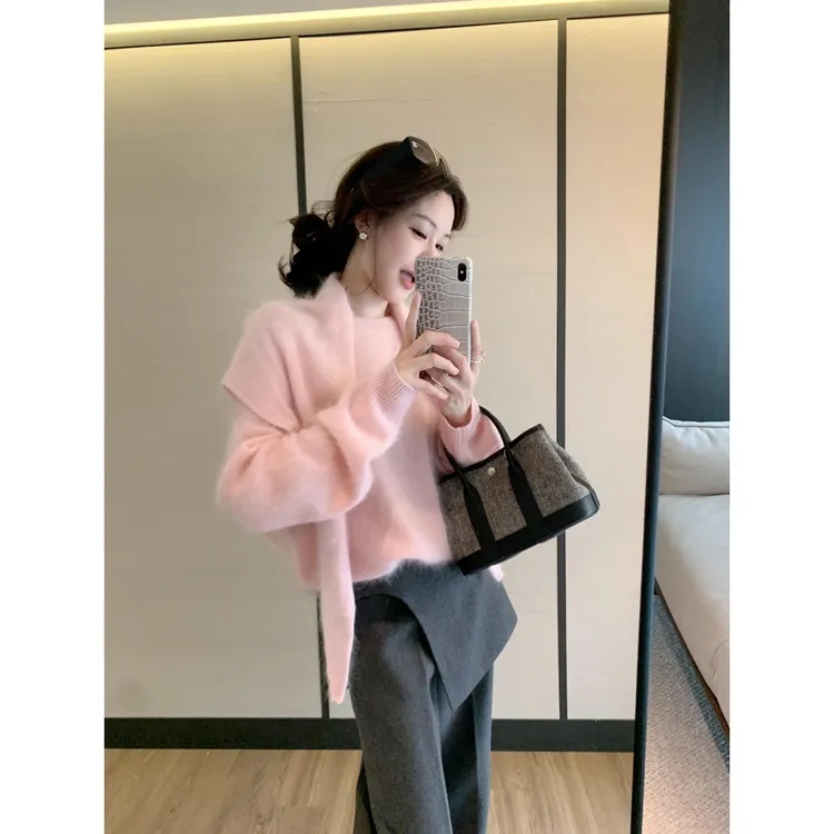 毛茸茸软糯毛衣女秋冬新款甜美减龄慵懒风披肩针织上衣裤子套装