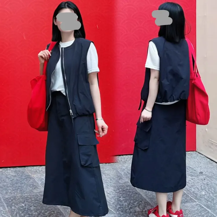 宽松圆领无袖背心马甲T恤半身裙三件套女2025夏季工装休闲裙套装