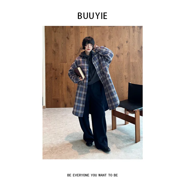 BUUYIE【松眠】复古格子风衣棉外套设计感中长款休闲小个子 251026