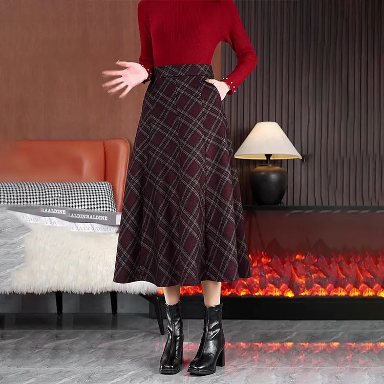 八片拼接格子半身裙高腰遮肚中长款裙子百搭显瘦冬季毛呢A字裙