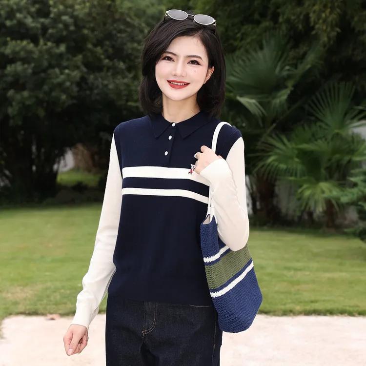 【假两件上衣】枫竺阿楠anan绵羊毛翻领条纹拼接针织衫女秋通勤上衣