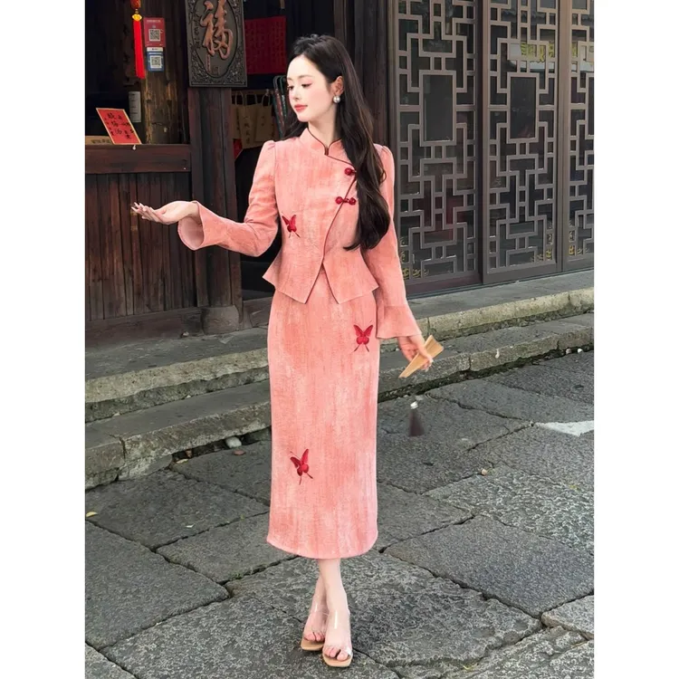 《肉肉专属》落樱七七很芒中式撞色蝴蝶刺绣上衣+半身裙套装1175沐