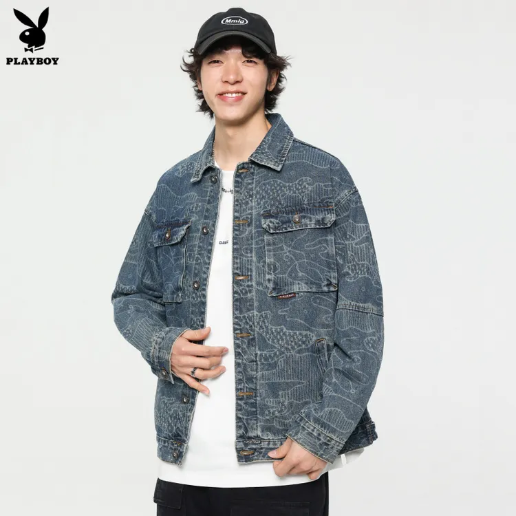 花花公子春秋涂鸦水洗牛仔外套外套休闲上衣男士宽松潮流夹克百搭