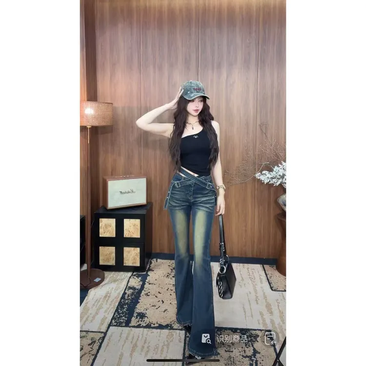 DACPAN-“筷子腿”猫爪纹交叉腰带微喇牛仔裤  2025/盼·PP 7012