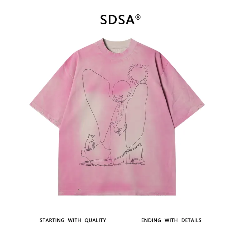 夏季高级感新款美式手绘喷绘印花设计感短袖T恤潮流宽松圆领上衣