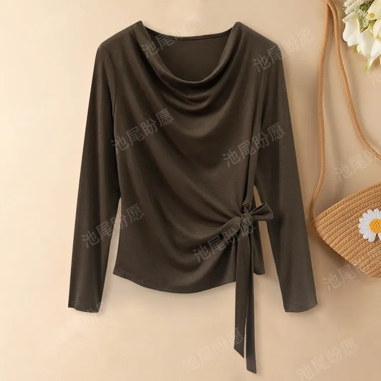 打底衫上衣女一字领绑带设计感纯色简约气质显瘦上衣2025秋冬新款