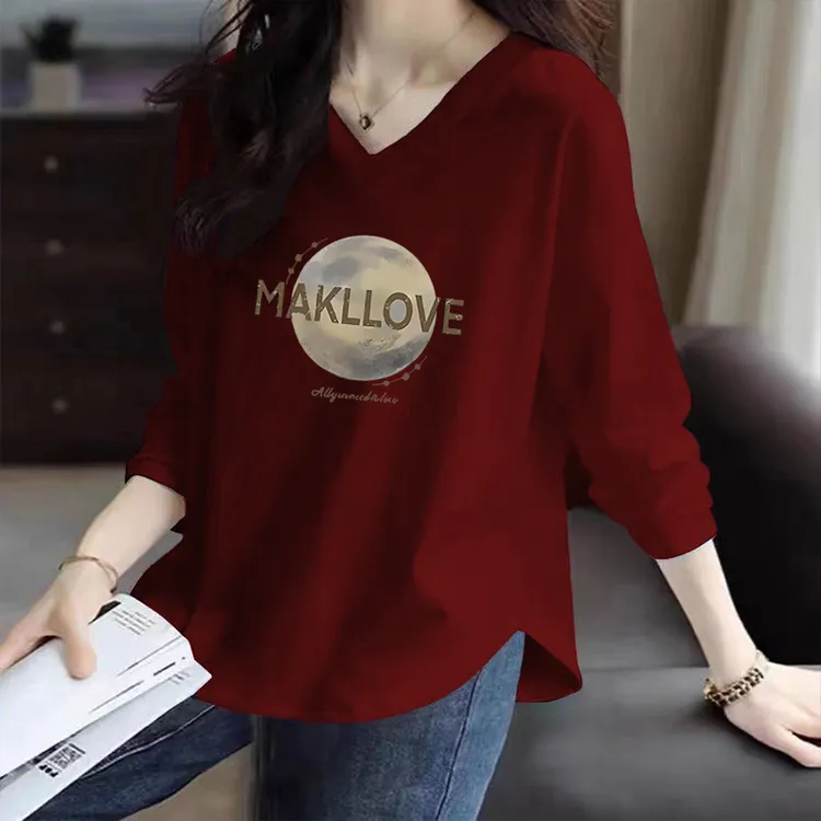 2025春秋季新款休闲百搭大码宽松胖妹妹显瘦长袖纯棉V领T恤打底衫