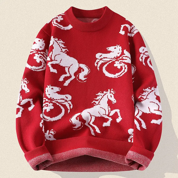 马年红色圆领针织毛衣男士本命年保暖时尚喜庆打底衫高级感帅卫衣
