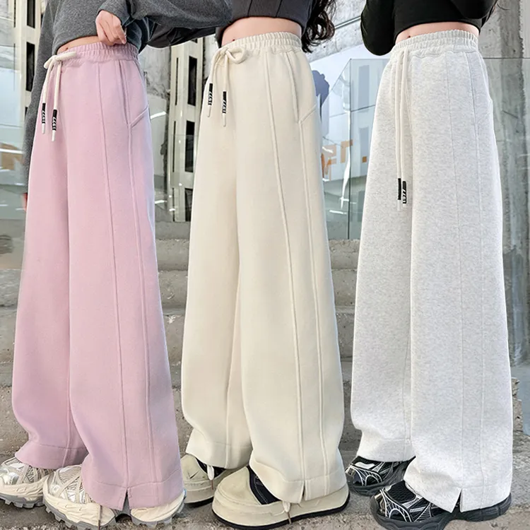 女童裤子秋冬加绒阔腿裤2025新款一体绒运动裤大儿童冬季直筒卫裤