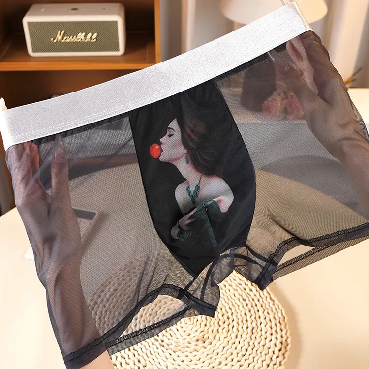 透气薄款网纱男平角内裤轻薄透气卡通潮流个性中腰大码男士内裤头