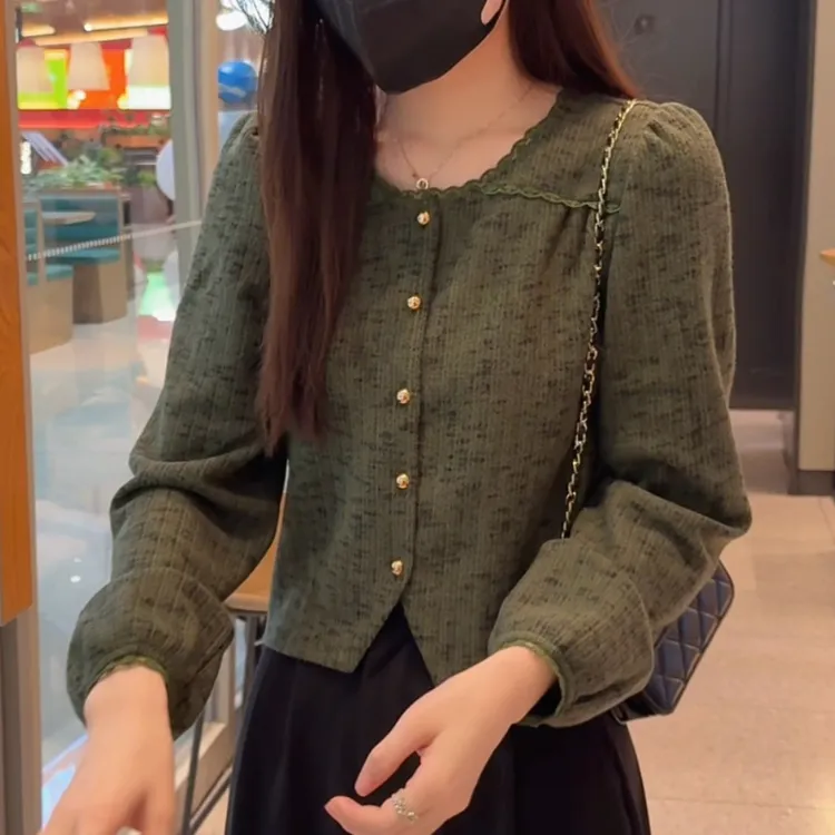 【大脸哈】时尚设计感显瘦圆领花边长袖衬衫女2025秋冬新款开衫衬衣