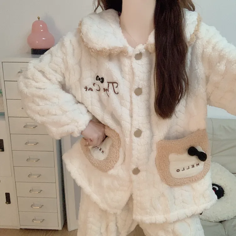 【加绒加厚】珊瑚绒睡衣女款秋冬季娃娃领KT猫法兰绒保暖家居服套装