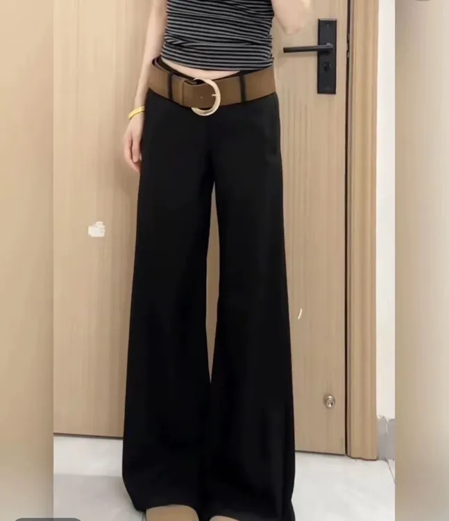 冬季高腰腰带休闲裤纯黑阔腿裤女装垂感休闲直筒