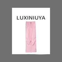 【LUXINIUYA】高街欧美款褶皱设计感直筒抽绳工装长裤#CX3748