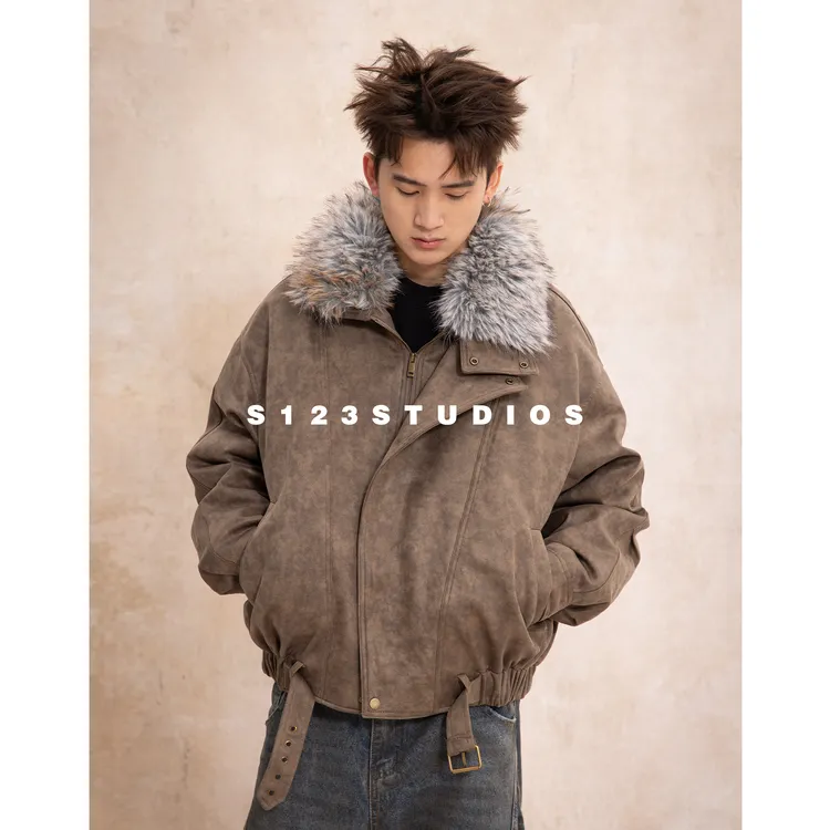 90白鸭绒 冬季新款美式毛领可拆卸飞行员夹克加绒保暖羽绒服