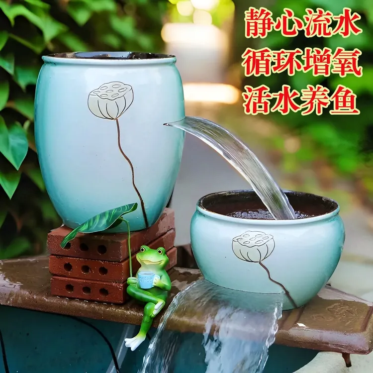 LS-299古法生态养鱼庭院流水摆件循环水缸简约莲蓬瀑布流水罐套装