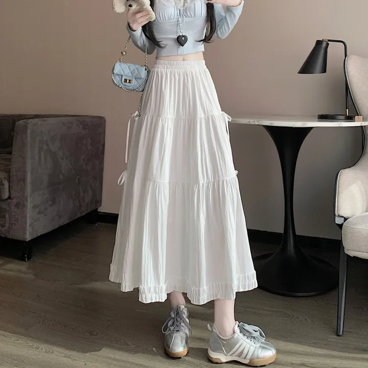高腰A字裙显瘦半身裙垂感百褶裙春夏设计感褶皱A字白色小众中长裙