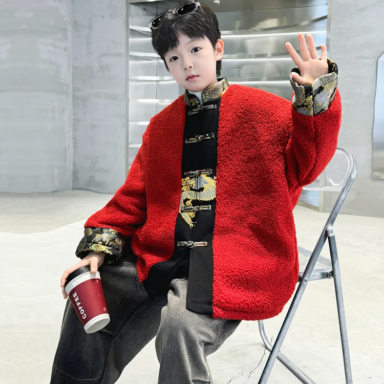 男童冬季外套加绒加厚2025新款大童冬装儿童拜年服红色夹棉毛毛衣