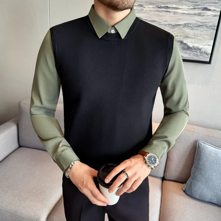 撞色假两件针织衫男轻奢肌理职场通勤免搭叠穿高档格调衬衫领毛衣