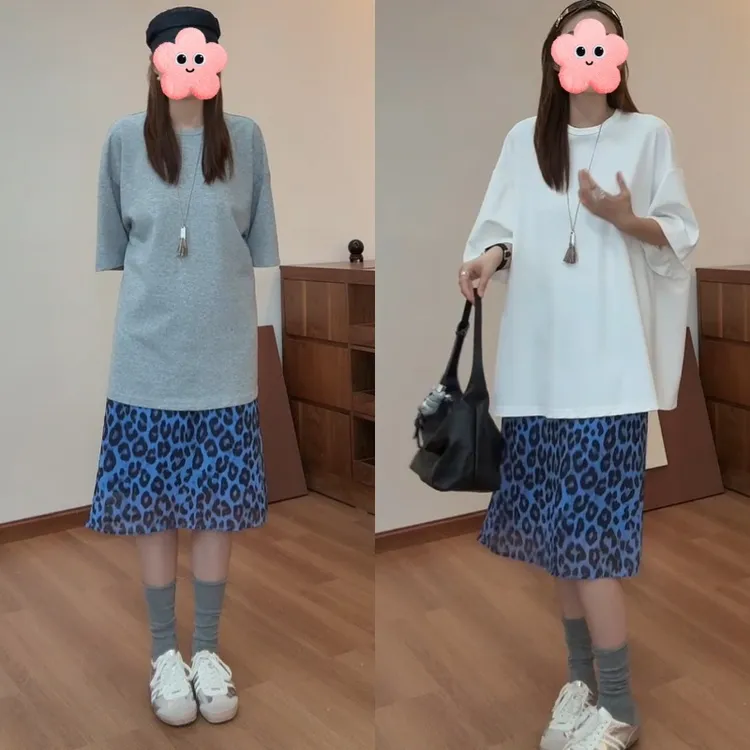 2025韩系休闲设计感气质时尚T恤+百搭显瘦豹纹半身裙LK2505279