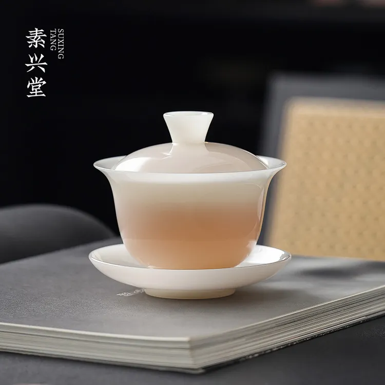 素兴堂冰种玉瓷盖碗纯白薄胎陶瓷三才茶碗悬停简约高档带盖泡茶杯