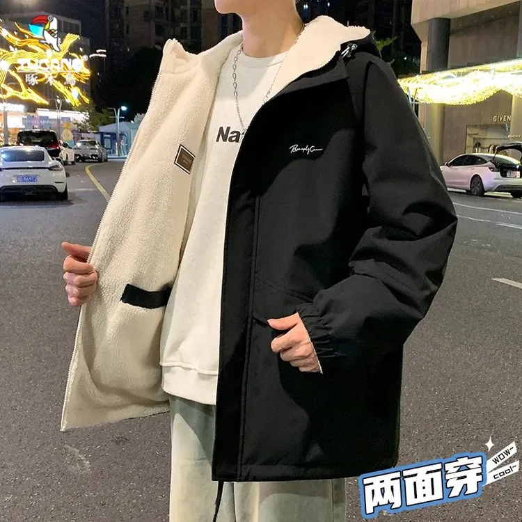 啄木鳥双面穿棉服羊羔绒冲锋款棉衣冬季防风加厚防寒保暖外套袄子