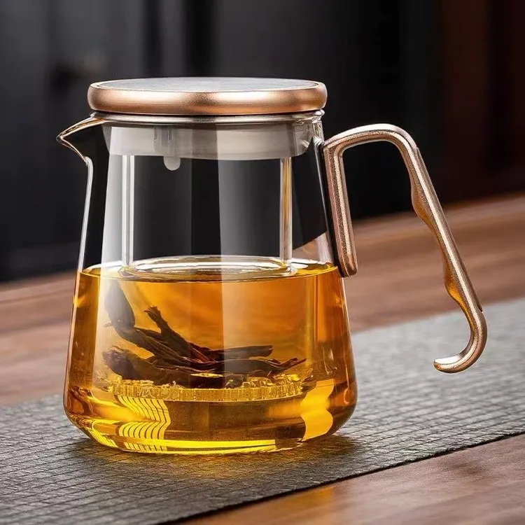 加厚耐高温全玻璃泡茶杯茶水分离杯泡茶壶锌合金家用花茶杯不掉盖