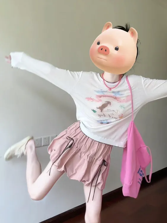 韩系减龄卡通印花简约薄款长袖T恤女高腰系带花苞裙两件套装夏季