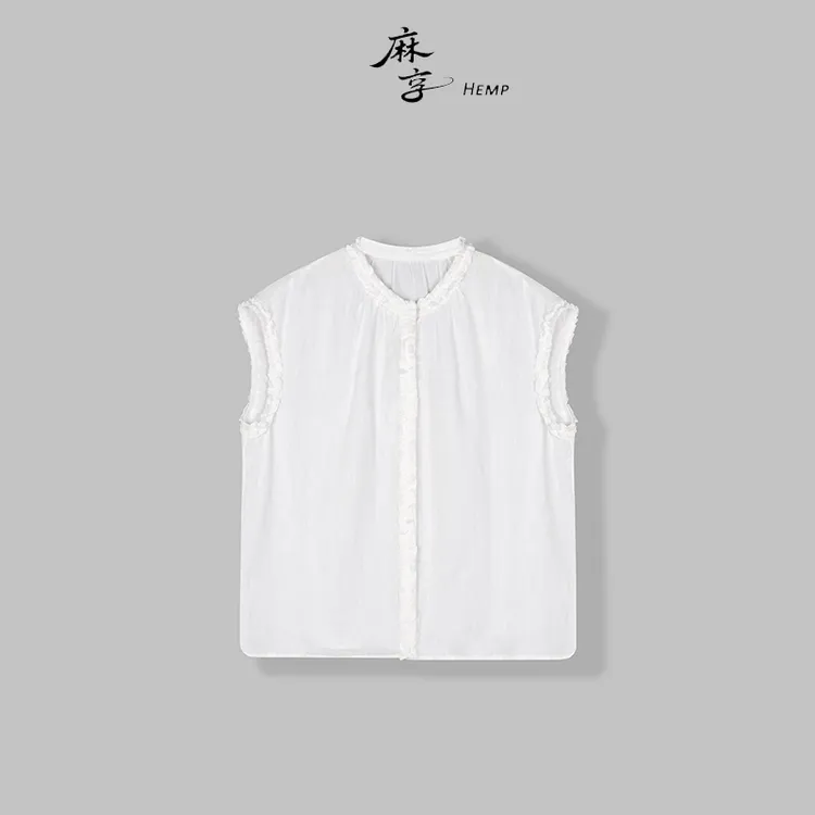 【压褶花边衬衫】60支纯汉麻气质休闲木耳边藏青上衬衣FSY50660