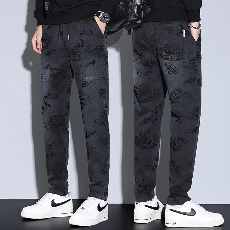 高弹力男士休闲裤2025爆款秋冬男裤加绒宽松直筒潮流百搭龙纹长裤