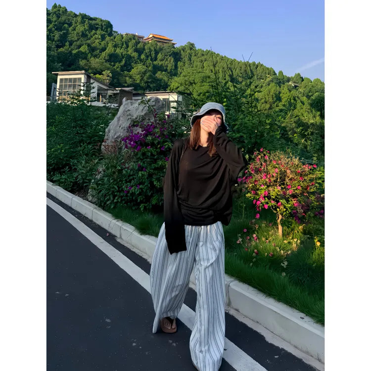 夏季圆领透感宽松长袖上衣+休闲抽绳宽松条纹裤 85293+85301