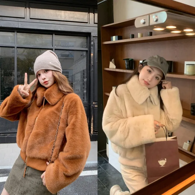 糖炒栗子甜美系时尚立领外套海宁人造皮革草2025秋冬新款百搭显瘦