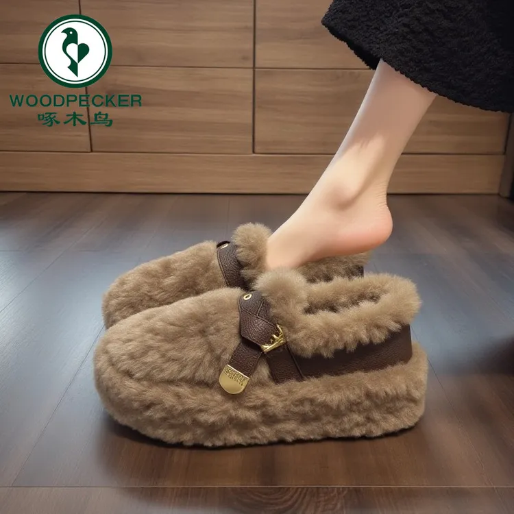 啄木鸟毛毛鞋女2025年秋冬新款高级感爆款雪地靴加绒厚底豆豆棉鞋
