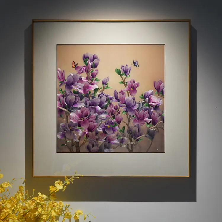 新中式非遗刺绣装饰画书房卧室玄关客厅手工苏绣紫玉清辉高端挂画