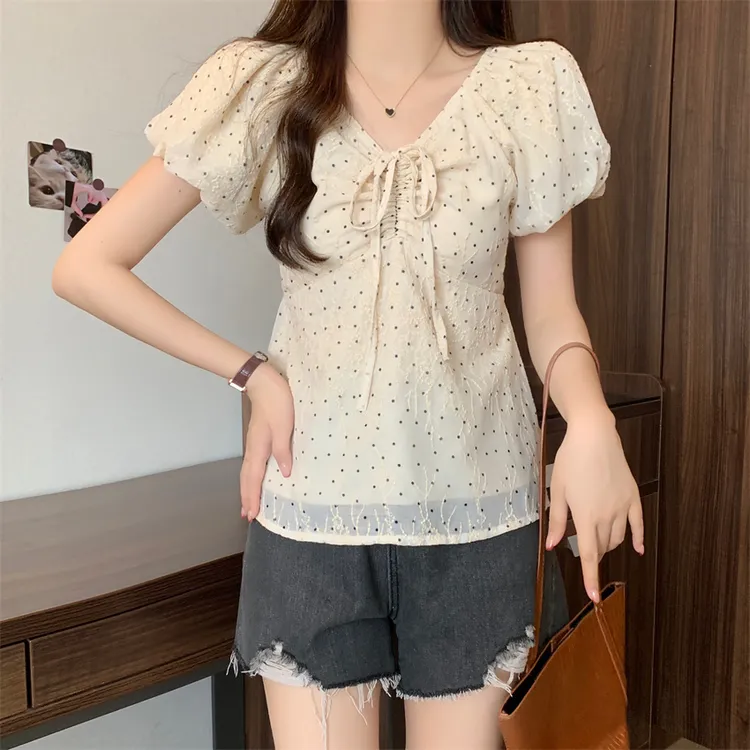 微胖法式泡泡袖衬衫新款女夏季波点衬衣遮肚藏肉上衣-YXDN6630