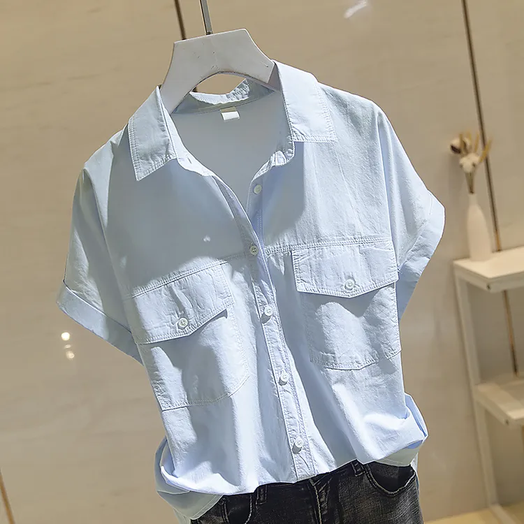 蓝色简约短袖衬衫女2025夏季新款韩版双口袋宽松显瘦遮肚子衬衣潮