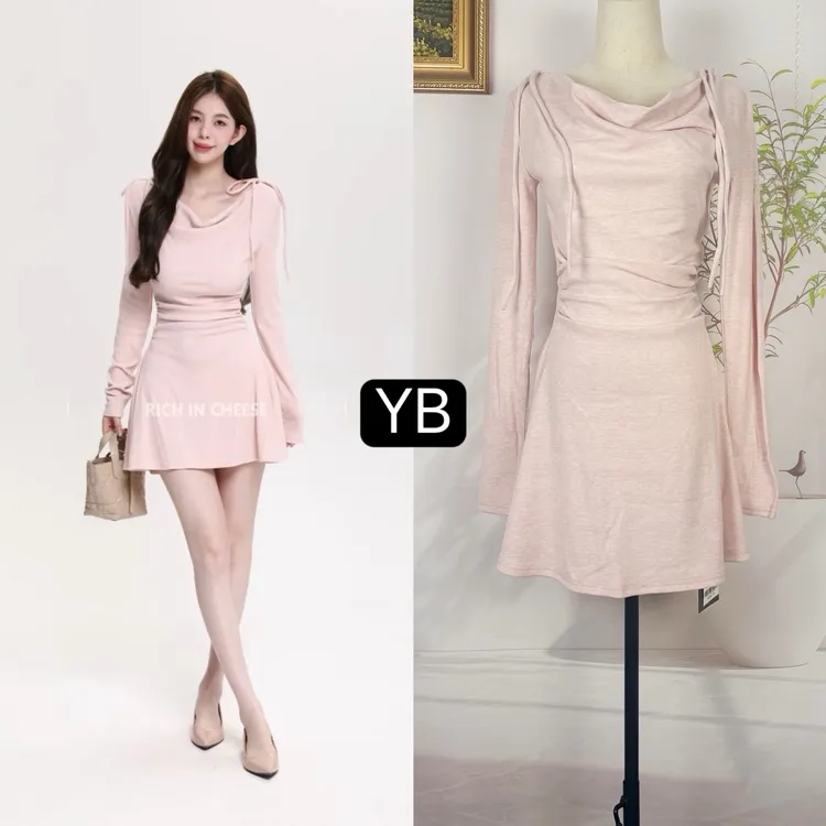 舒胡蕾 秋日韩味一裙三穿 蝴蝶结荡领三穿抽褶弹力针织连衣裙