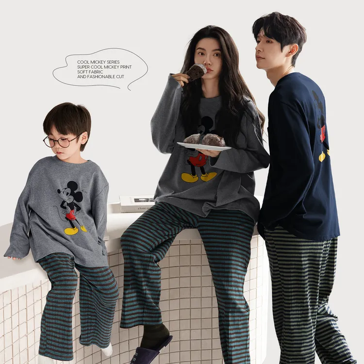 迪士尼睡衣春秋新款卡通米奇亲子套装宽松大码可外穿柔软棉家居服