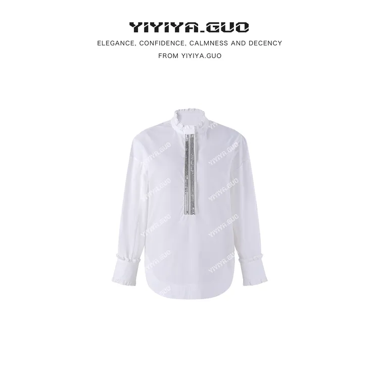 yiyiya.Guo艺艺吖早春新款圆领木耳边亮片长袖衬衫110205SS52