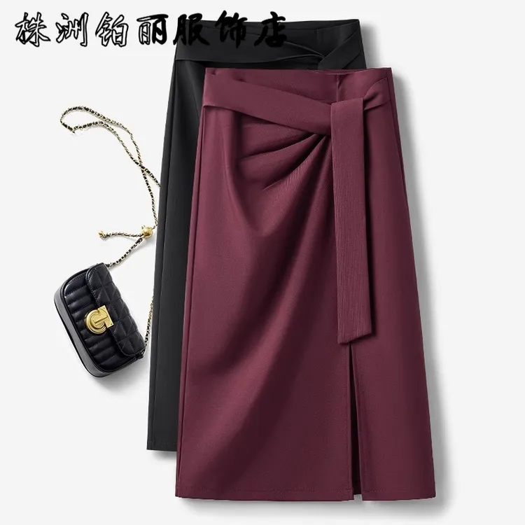 安可拉红开叉半身裙女秋2025新款气质中长职业西装裙设计感包臀裙