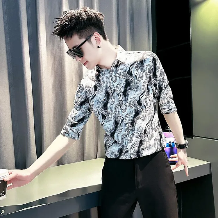 七分袖花衬衫男款高级感痞帅夏季休闲冰丝短袖衬衣男2025新款爆款
