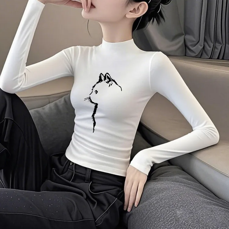 白色半高领莫代尔猫咪印花长袖t恤女打底衫内搭秋冬修身显瘦上衣