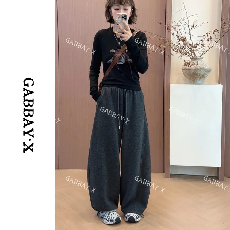 加贝信秋冬爆款韩版新款显瘦羊毛保暖小弯刀裤高克重加绒阔腿裤子