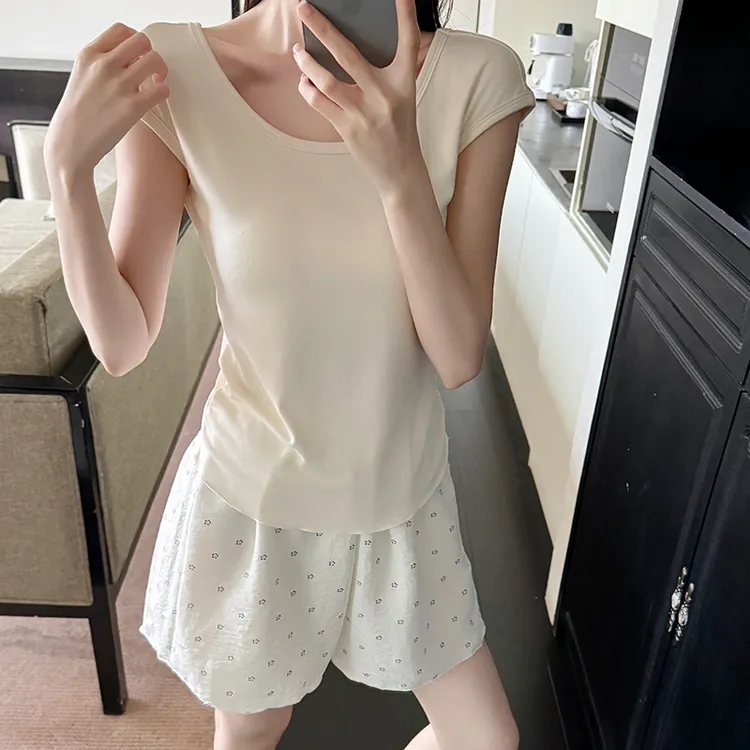 2025年新款简约风睡衣女士夏季薄款无袖纯色背心家居服套装带胸垫
