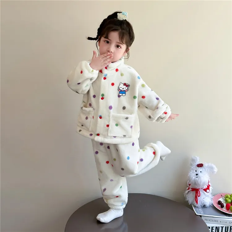 女童法兰绒睡衣秋冬季2025新款女宝宝加绒加厚珊瑚绒家居服两件套