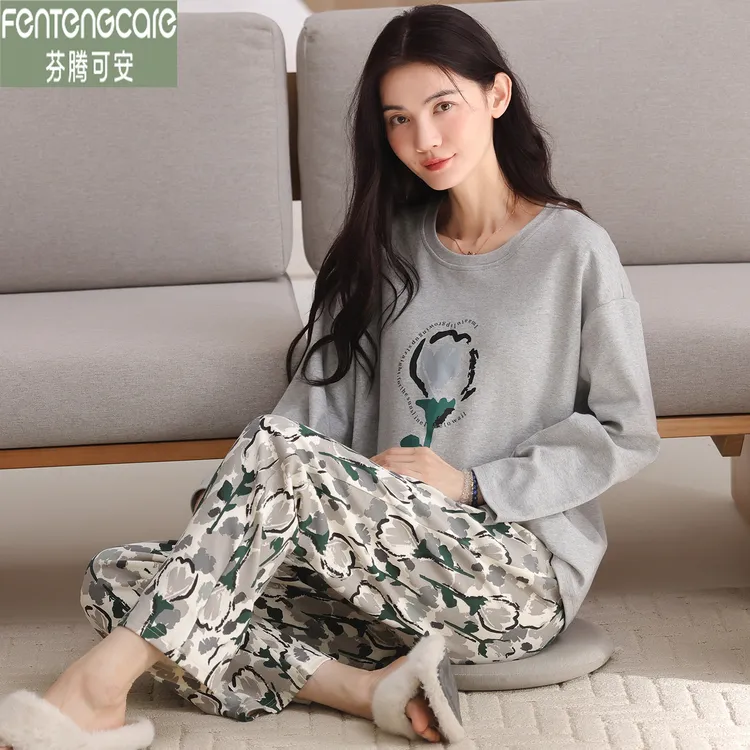 芬腾可安带胸垫女款睡衣长袖纯棉春秋季圆领休闲家居服秋冬可外穿