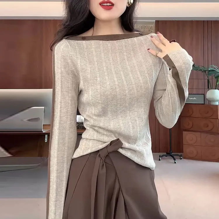 【优雅弧度】长袖针织衫女秋季内搭打底衫2025新款修身显瘦百搭上衣