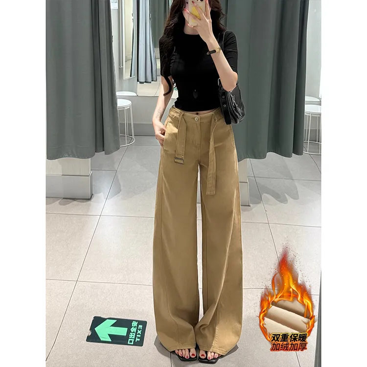 卡其腰带高腰加绒阔腿牛仔裤女2025冬季新款慵懒休闲百搭拖地长裤