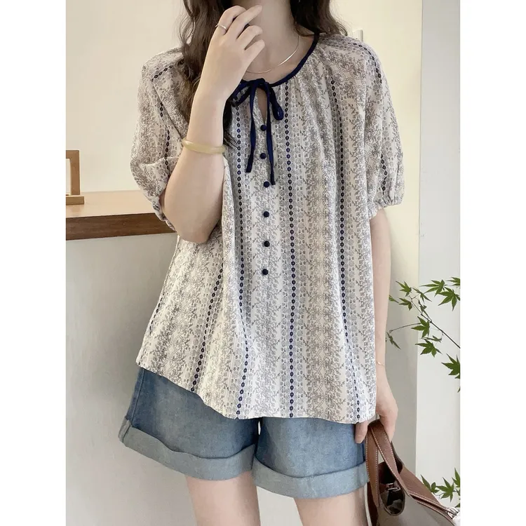衬衫女短袖夏季2025新款洋气小衫法式别致韩版印花宽松显瘦